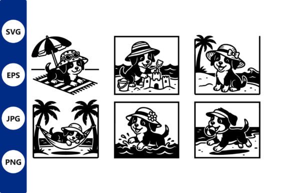 Beach Dog Sticker Set in Bold Line Art
