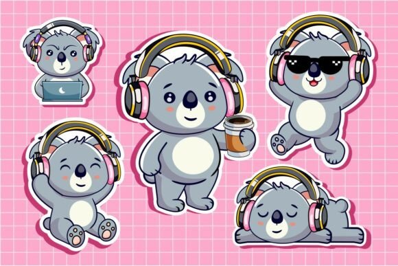 Cute Koala Bear Character Sticker Set: Graphics for Playful Branding