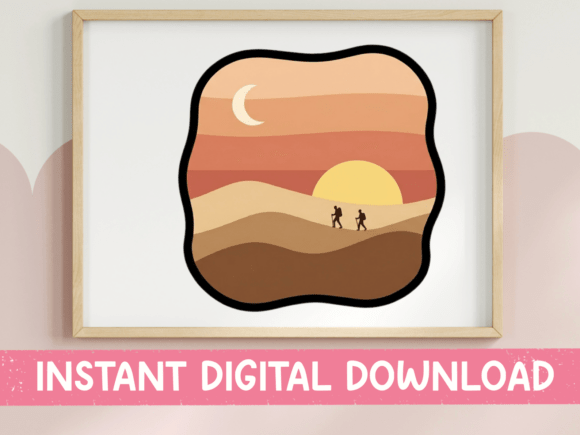 Desert Sunset Hikers Minimalist Sticker: Graphics for T-Shirt Designs