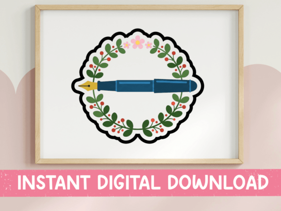 Fountain Pen Floral Wreath Sticker Graphics