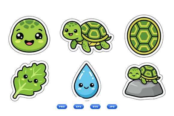 Kawaii Turtle Sticker Clipart: Graphics for Playful Branding