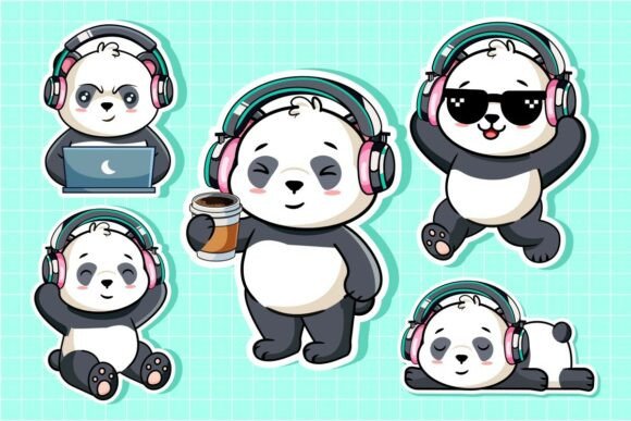 Panda Wearing Headphones Sticker Set Graphics