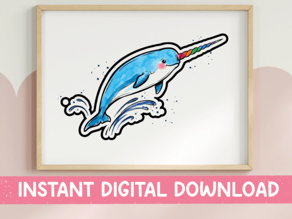 Watercolor Jumping Narwhal Sticker: Graphics for T-Shirt Designs